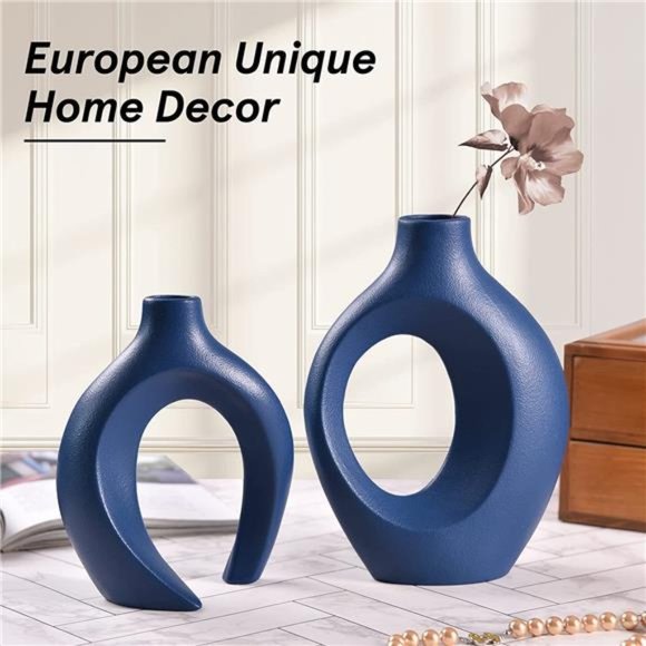 Afoxsos Blue Ceramic Vase Set of 2 for Modern Minimalist  Blue Ceramic Vase for Modern Home Decor Set of 2